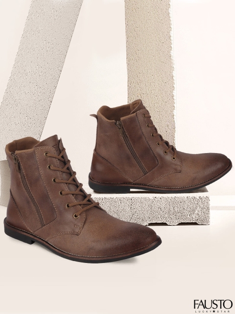 

FAUSTO Men Brown Leather Mid-Top Flat Boots