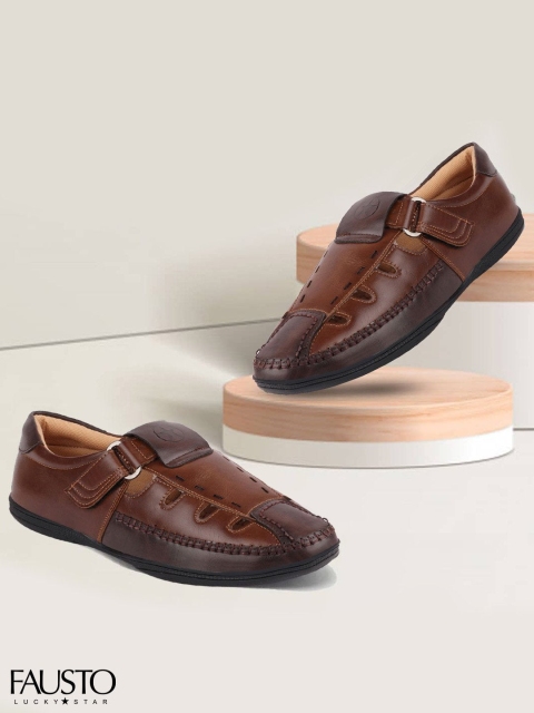 

FAUSTO Men Tan Shoe-Style Hook & Loop Roman Sandals