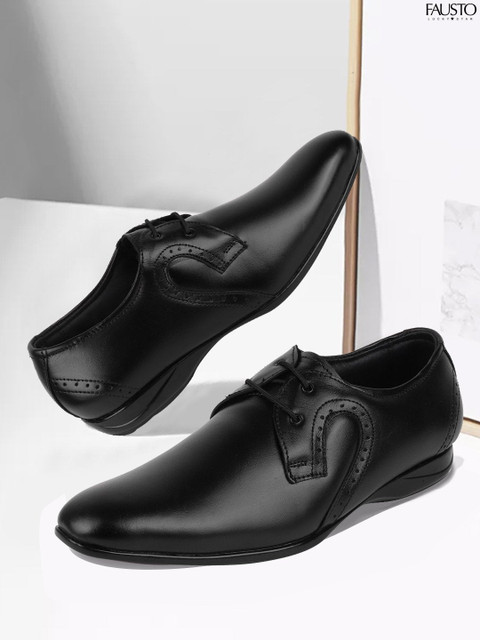 

FAUSTO Men Black Solid Leather Formal Derbys