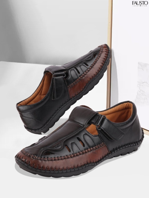 

FAUSTO Men Black & Coffee Brown PU Shoe-Style Sandals