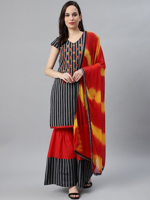 

Chhabra 555 Women Black & Red Striped Thread Work Kurta with Sharara & Dyed Dupatta