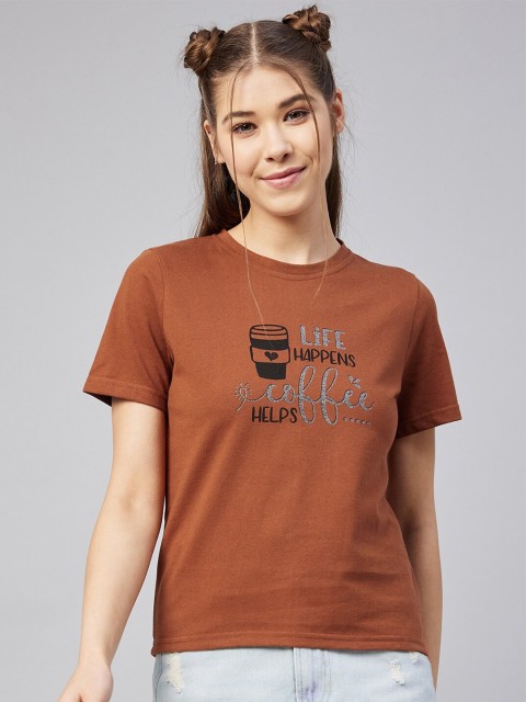 

Vvoguish Brown & Grey Printed Round Neck Regular Top