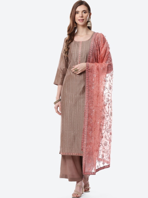 

Meena Bazaar Brown & Pink Embroidered Chanderi Kurta Unstitched Dress Material