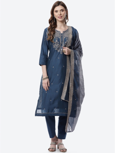 

Meena Bazaar Navy Blue & Gold-Toned Embroidered Unstitched Dress Material