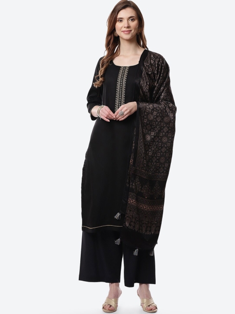 

Meena Bazaar Black & Brown Embroidered Pure Cotton Unstitched Dress Material