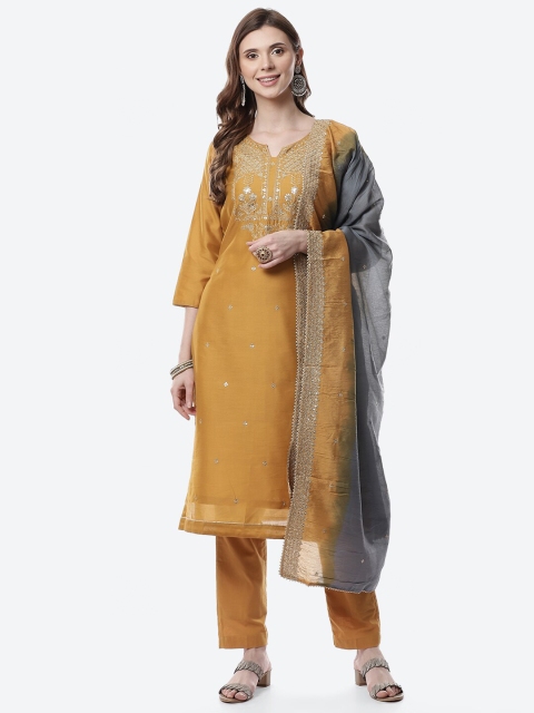 

Meena Bazaar Mustard & Gold-Toned Embroidered Chanderi Unstitched Dress Material