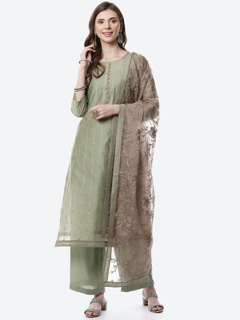 

Meena Bazaar Green & Grey Embroidered Unstitched Chanderi Dress Material