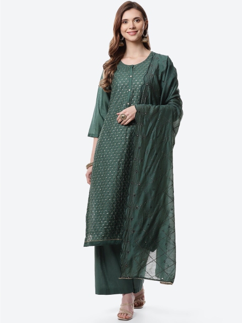 

Meena Bazaar Green & Gold-Toned Embroidered Sequinned Unstitched Dress Material