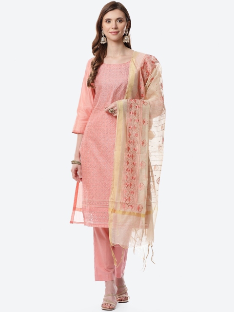 

Meena Bazaar Peach-Coloured & Beige Embroidered Unstitched Dress Material