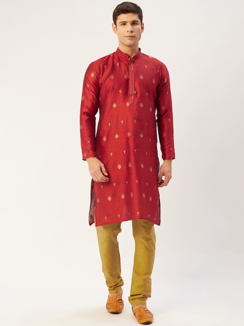 

Jompers Men Maroon Ethnic Motifs Embroidered Thread Work Kurta with Churidar