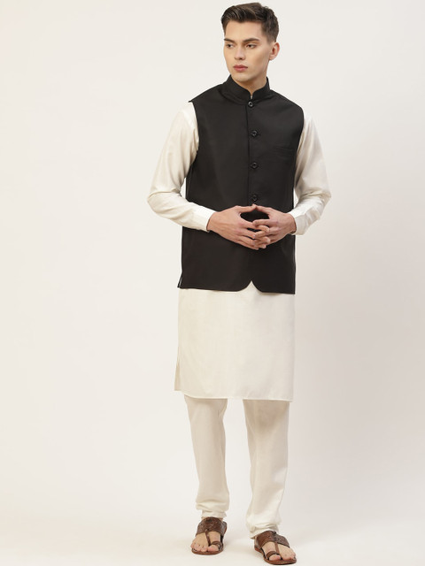 

Jompers Men Cream-Coloured & Black Kurta with Pyjamas & Nehru Jacket