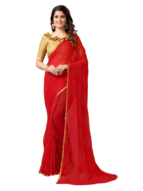 

KALINI Red & Gold-Toned Ethnic Motifs Beads and Stones Saree
