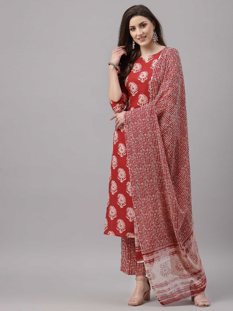 

KALINI Women Red Ethnic Motifs Printed Straight Kurta with Palazzos & Dupatta