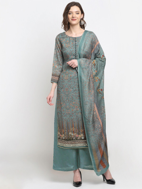 

Stylee LIFESTYLE Turquoise Blue & Brown Printed Pure Silk Unstitched Dress Material