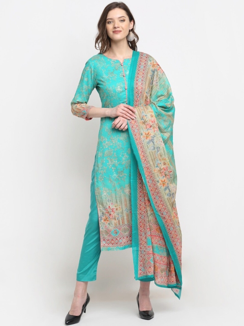 

Stylee LIFESTYLE Green & Pink Printed Pure Cotton Unstitched Dress Material