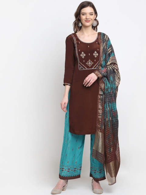 

Stylee LIFESTYLE Women Brown & Blue Embroidered Unstitched Dress Material