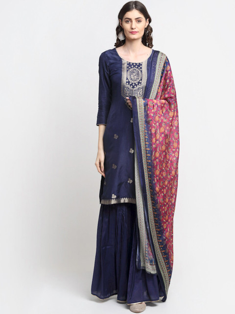 

Stylee LIFESTYLE Women Navy Blue & Magenta Gold-Toned Printed Unstitched Dress Material