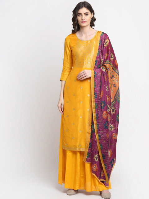 

Stylee LIFESTYLE Yellow & Pink Foil Printed Pure Silk Jacquard Unstitched Dress Material