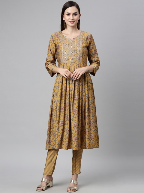 

Neerus Women Mustard Yellow Ethnic Motifs Printed Anarkali Kurta with Trousers