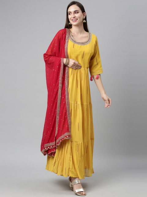 

Neerus Women Yellow Printed Pleated Zardozi Kurta with Trousers & With Dupatta