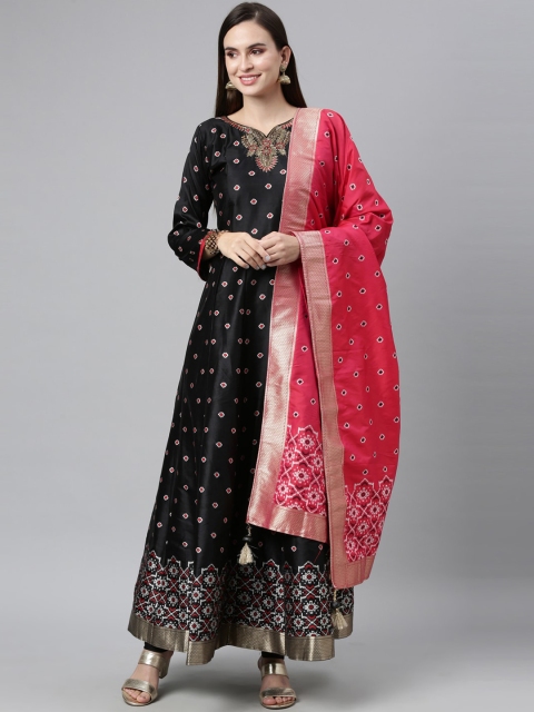 

Neerus Women Black Printed Zardozi Dupion Silk Kurta with Churidar & Dupatta