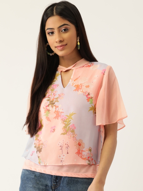 

Madame Peach-Coloured & Lavender Floral Print Keyhole Neck Top