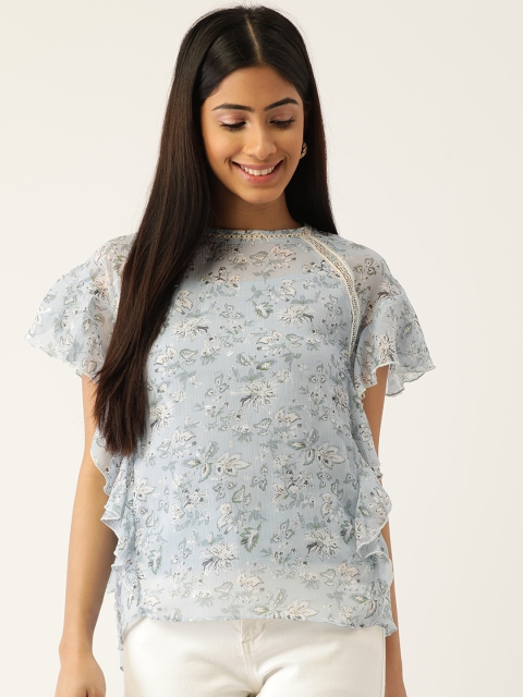 

Madame Blue & White Floral Print Ruffles Top
