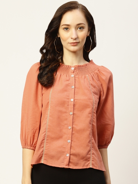 

Madame Orange Pure Cotton Solid Smocked Top