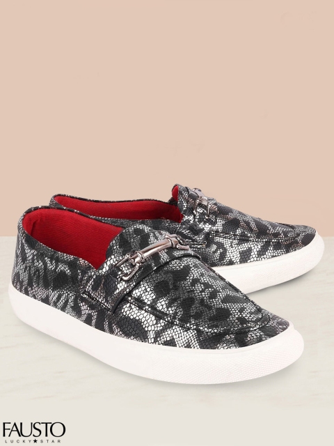 

FAUSTO Women Black Printed PU Lightweight Slip-On Sneakers