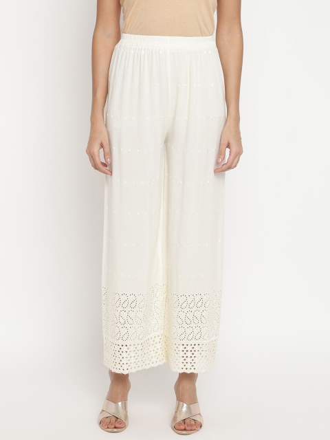 

V2 Value & Variety Women White Solid Cut Work Knitted Palazzos
