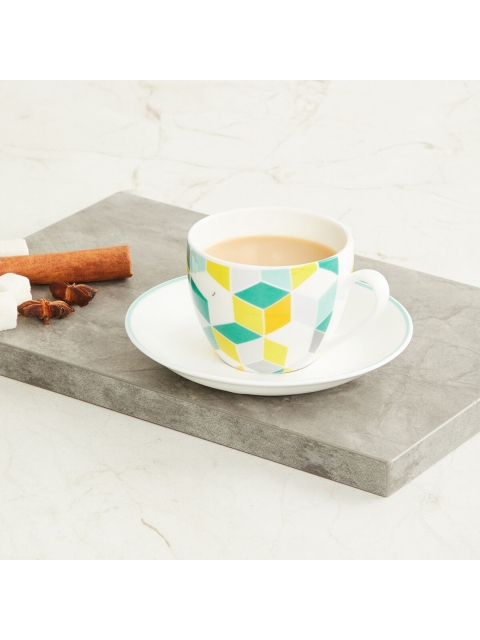 

Home Centre Yellow & Blue Geometric Printed Bone China Matte Cups and Saucers Set