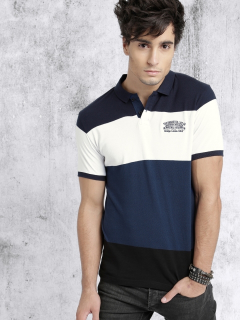 

Roadster Men Blue White Colourblocked Polo Pure Cotton T-shirt