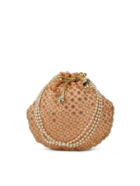 

gaura pakhi Peach-Coloured & White Embellished Embroidered Potli Clutch