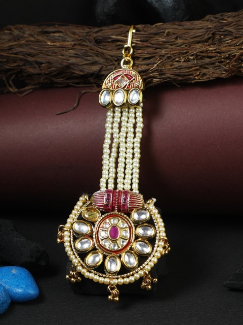 

Adwitiya Collection Gold-Plated Pink & White Stone-Studded Jhumar Passa
