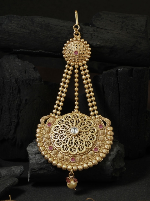 

Adwitiya Collection Gold-Plated White & Red Stone-Studded Antique Jhumar Passa