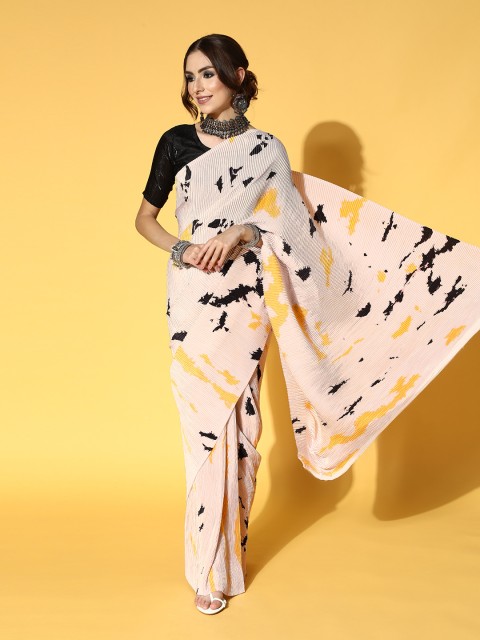 

Mitera Tie and Dye Pleated Saree, Cream