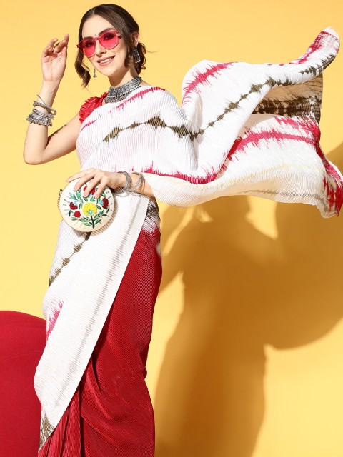 

Mitera Tie and Dye Pleated Saree, Cream