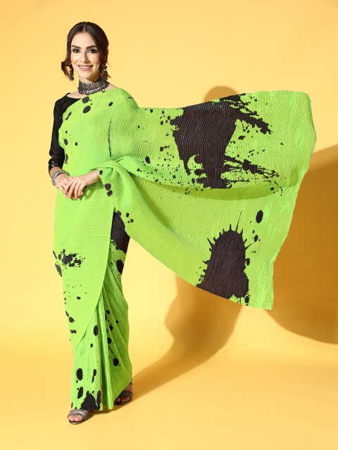 

Mitera Tie and Dye Pleated Saree, Fluorescent green