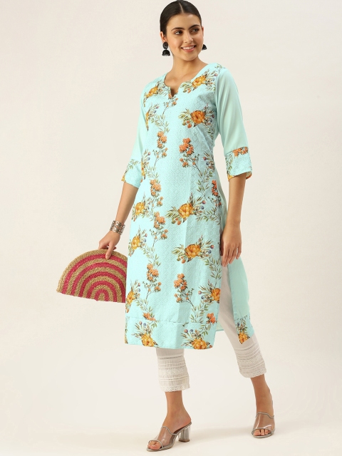 

SWAGG INDIA Women Sea Green & Orange Floral Print Chikankari Floral Kurta