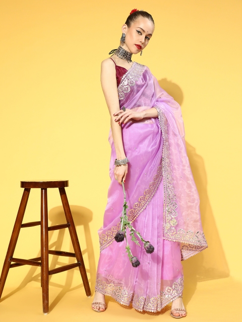 

Mitera Embellished Saree with Border, Fuchsia