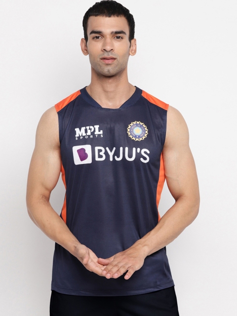 

MPL SPORTS Men Navy Blue & Orange Official Team India Dynamo Printed Tank Vests