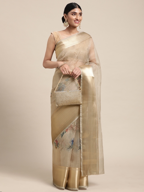 

Saree mall Cream-Coloured & Gold Digital Floral Print & Checked Organza Taant Sarees