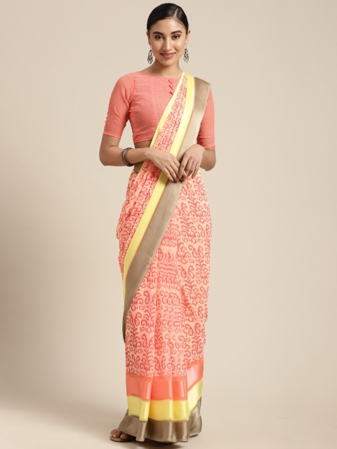 

KALINI Peach Pink & Yellow Paisley Print Satin Saree