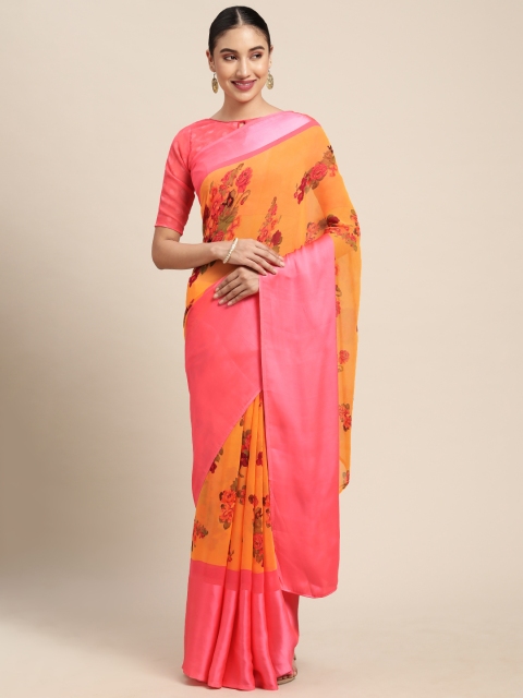 

KALINI Yellow & Pink Floral Satin Saree