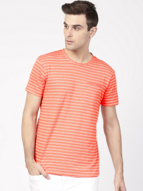 

Ether Men Orange & White Lightweight Striped Round Neck T-shirt