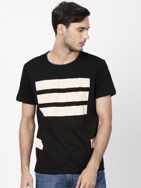 

ether Men Black Striped Pure Cotton T-shirt