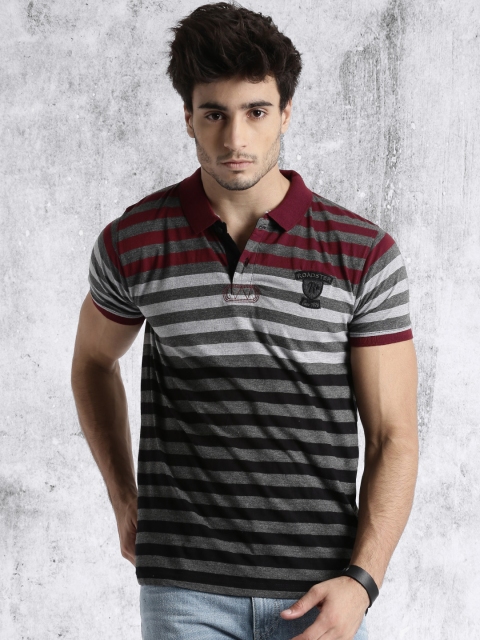 

Roadster Men Grey Striped Polo Collar T-Shirt