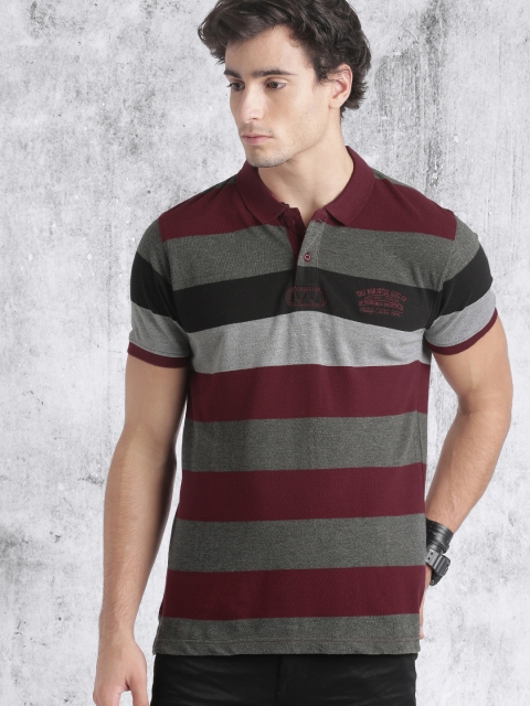 

Roadster Men Charcoal Grey & Maroon Striped Polo Collar T-shirt