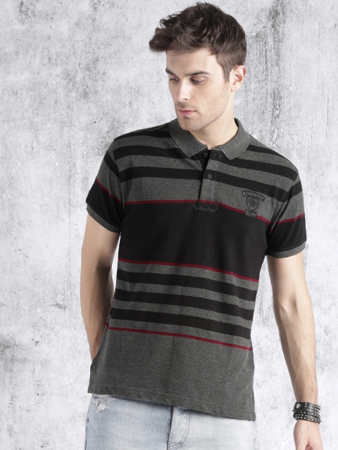 

Roadster Men Black & Charcoal Grey Striped Polo Collar T-shirt