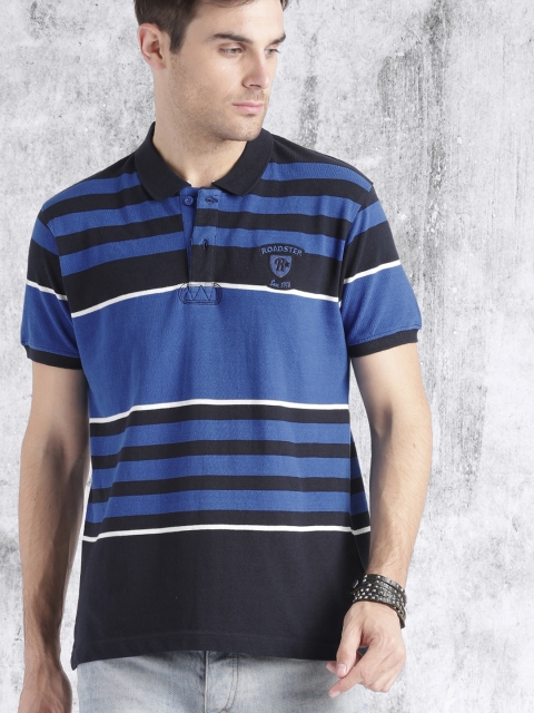 

Roadster Men Blue & Black Striped Polo Collar T-shirt